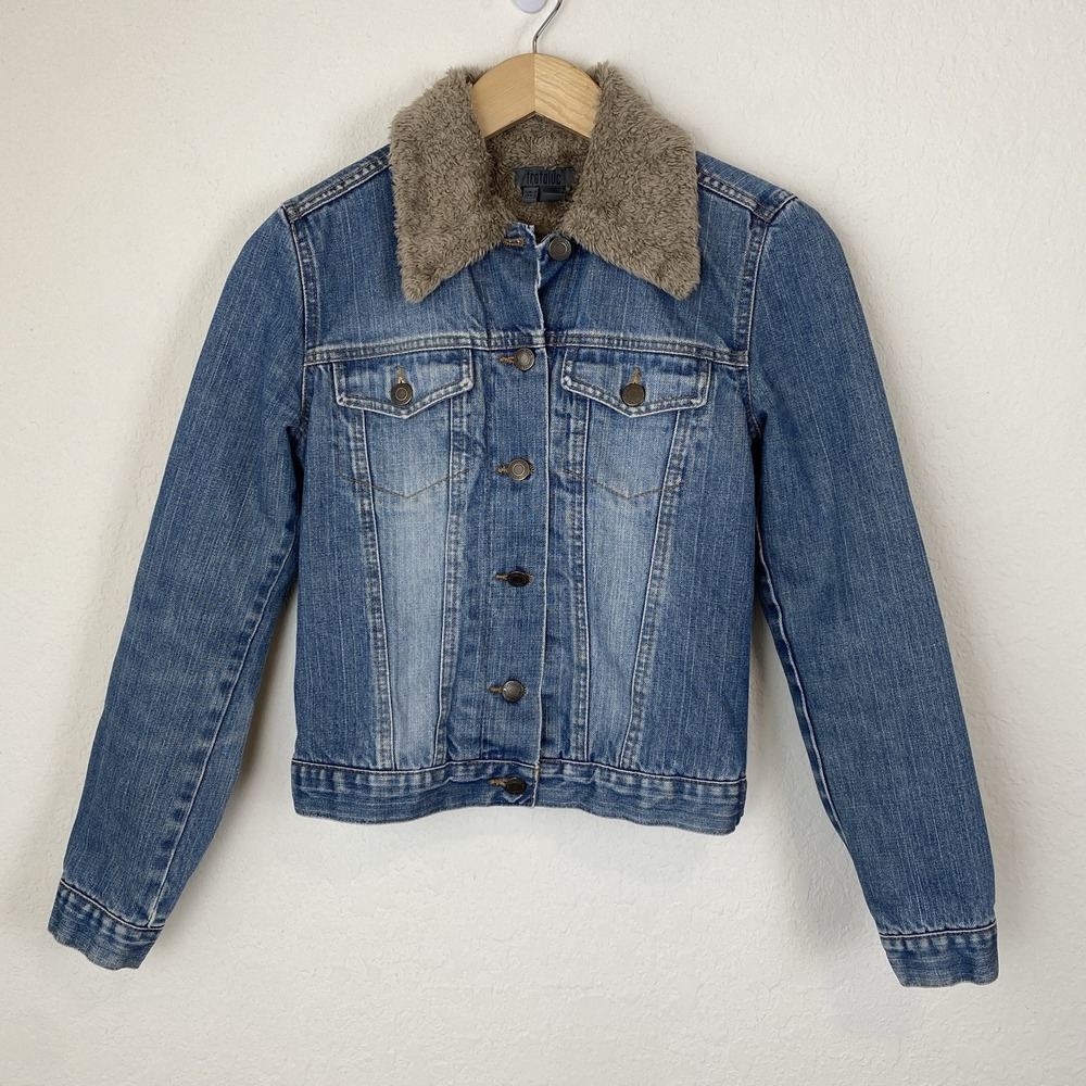 Zara Trafaluc Womens S Denim Jacket Sherpa Lined Crop Shirt Y2K 90s Button Blue